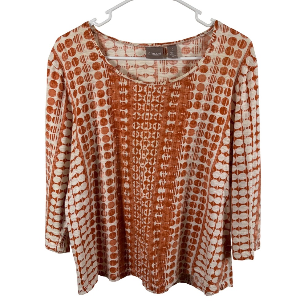 Chico's Top Size 2 / Lg Orange Cream Circle Print 3/4 Sleeve Cotton Boho Tee